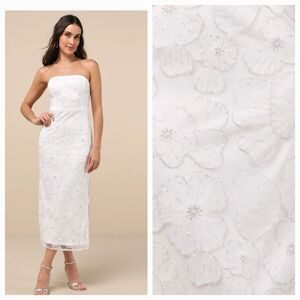 NWT Lulus Loving Mentality White Tulle Beaded Strapless Midi Dress